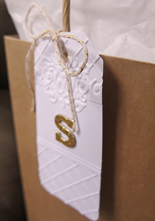 White and gold monogram gift tag
