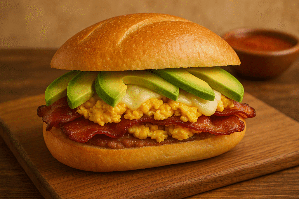 Breakfast Torta with Bacon, Egg & Avocado