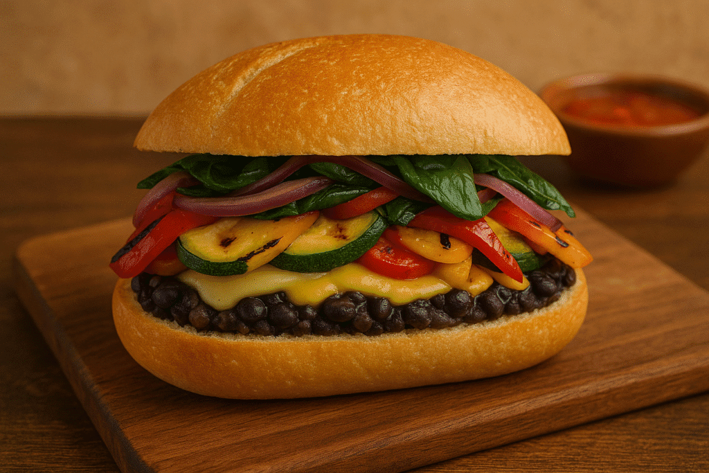 Vegetarian Breakfast Torta with Black Beans & Grilled Veggies