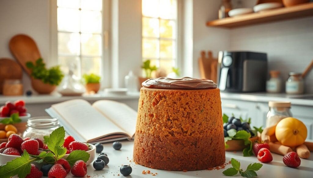 A brightly lit, airy kitchen showcasing an assortment of fresh, homemade vegan baked goods. In the foreground, a golden-brown air fryer chocolate cake stands tall, its moist crumb and rich chocolate frosting gleaming. Surrounding it, an array of colorful, nutrient-dense ingredients like ripe berries, leafy greens, and whole-wheat flour jars. In the middle ground, an open recipe book with handwritten notes, and a sleek, modern air fryer rests on the pristine countertop. The background features large windows letting in warm, natural light, casting a soft, inviting glow over the scene. The overall mood is one of health, wellness, and the joy of nourishing, plant-based baking. A brightly lit, airy kitchen showcasing an assortment of fresh, homemade vegan baked goods. In the foreground, a golden-brown air fryer chocolate cake stands tall, its moist crumb and rich chocolate frosting gleaming. Surrounding it, an array of colorful, nutrient-dense ingredients like ripe berries, leafy greens, and whole-wheat flour jars. In the middle ground, an open recipe book with handwritten notes, and a sleek, modern air fryer rests on the pristine countertop. The background features large windows letting in warm, natural light, casting a soft, inviting glow over the scene. The overall mood is one of health, wellness, and the joy of nourishing, plant-based baking.