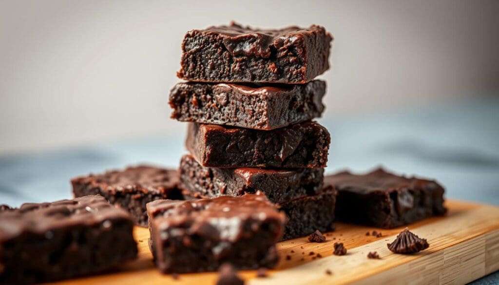 A close-up view of a stack of freshly baked, chocolate-rich air fryer brownies, their crackly tops glistening under warm, directional lighting. The brownies are arranged on a wooden cutting board, with a few crumbled pieces scattered around, hinting at their irresistible texture. The background is softly blurred, creating a minimalist, appetizing composition that highlights the deep, fudgy color and tempting appearance of the air fryer treats. A close-up view of a stack of freshly baked, chocolate-rich air fryer brownies, their crackly tops glistening under warm, directional lighting. The brownies are arranged on a wooden cutting board, with a few crumbled pieces scattered around, hinting at their irresistible texture. The background is softly blurred, creating a minimalist, appetizing composition that highlights the deep, fudgy color and tempting appearance of the air fryer treats.