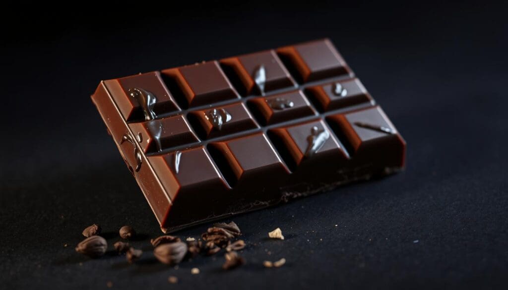 A rich, decadent chocolate bar, its surface glossy and tempting, sits on a dark, moody background. The lighting is soft and dramatic, casting shadows that accentuate the luscious texture of the chocolate. The bar is positioned slightly off-center, drawing the eye to its alluring presence. In the foreground, a few cocoa nibs and shavings are sprinkled around, hinting at the high-quality ingredients used in this premium chocolate. The overall scene evokes a sense of indulgence and the irresistible appeal of the best chocolate for crafting decadent lava cakes. A rich, decadent chocolate bar, its surface glossy and tempting, sits on a dark, moody background. The lighting is soft and dramatic, casting shadows that accentuate the luscious texture of the chocolate. The bar is positioned slightly off-center, drawing the eye to its alluring presence. In the foreground, a few cocoa nibs and shavings are sprinkled around, hinting at the high-quality ingredients used in this premium chocolate. The overall scene evokes a sense of indulgence and the irresistible appeal of the best chocolate for crafting decadent lava cakes.