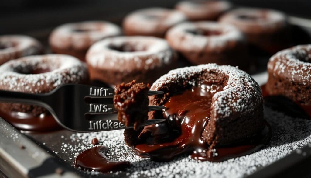 A tray of decadent chocolate lava cakes, fresh from the oven, their molten centers spilling out over a dark chocolate ganache. The cakes are dusted with powdered sugar, casting a soft, inviting glow. In the foreground, a fork cuts into one of the cakes, revealing its warm, fudgy interior. The background is blurred, allowing the desserts to take center stage. Dramatic low-key lighting casts dramatic shadows, heightening the sense of rich indulgence. The overall mood is one of luxurious, melt-in-your-mouth chocolate perfection. A tray of decadent chocolate lava cakes, fresh from the oven, their molten centers spilling out over a dark chocolate ganache. The cakes are dusted with powdered sugar, casting a soft, inviting glow. In the foreground, a fork cuts into one of the cakes, revealing its warm, fudgy interior. The background is blurred, allowing the desserts to take center stage. Dramatic low-key lighting casts dramatic shadows, heightening the sense of rich indulgence. The overall mood is one of luxurious, melt-in-your-mouth chocolate perfection.