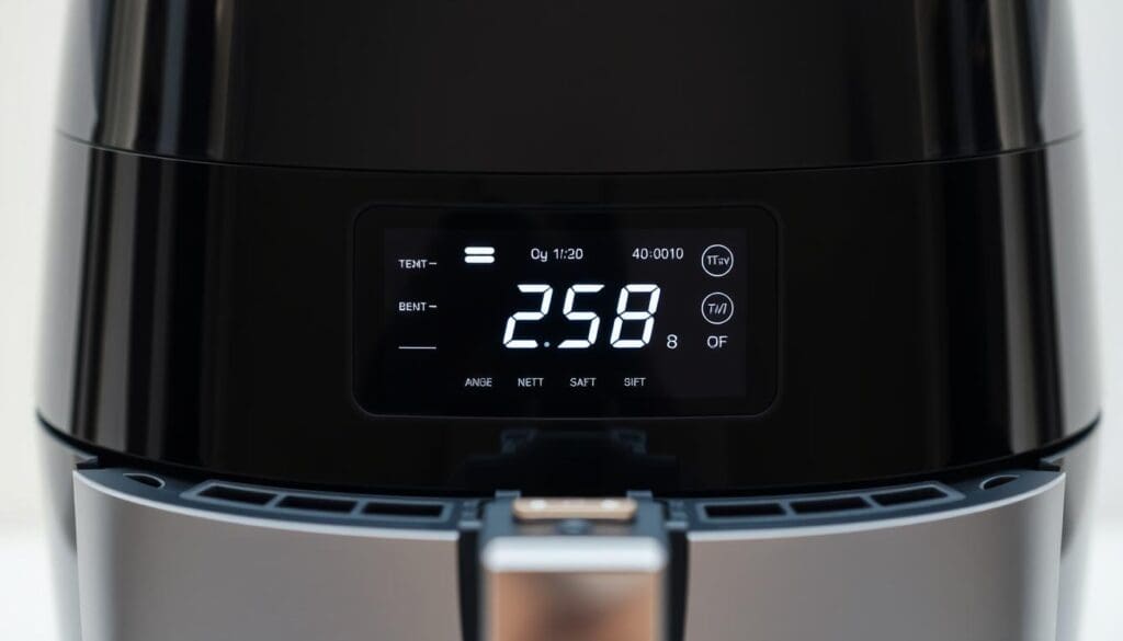 An immersive close-up view of an air fryer's digital temperature control panel, showcasing the range of temperature settings in a clean, minimalist style. The panel's display is crisp and legible, with bold numerals and intuitive icons clearly indicating the available temperature options. The air fryer itself is subtly visible in the background, its sleek, modern design complementing the panel's functionality. Soft, neutral lighting illuminates the scene, creating a sense of focus and clarity. The overall composition emphasizes the importance of understanding and precisely setting the air fryer's temperature for optimal cake-making results. An immersive close-up view of an air fryer's digital temperature control panel, showcasing the range of temperature settings in a clean, minimalist style. The panel's display is crisp and legible, with bold numerals and intuitive icons clearly indicating the available temperature options. The air fryer itself is subtly visible in the background, its sleek, modern design complementing the panel's functionality. Soft, neutral lighting illuminates the scene, creating a sense of focus and clarity. The overall composition emphasizes the importance of understanding and precisely setting the air fryer's temperature for optimal cake-making results.