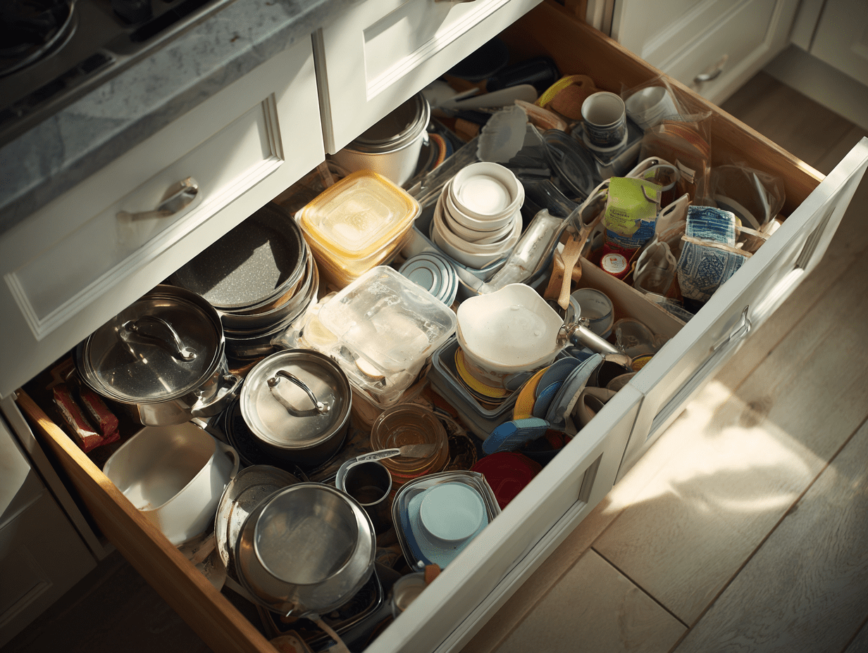 messy deep kitchen drawer
