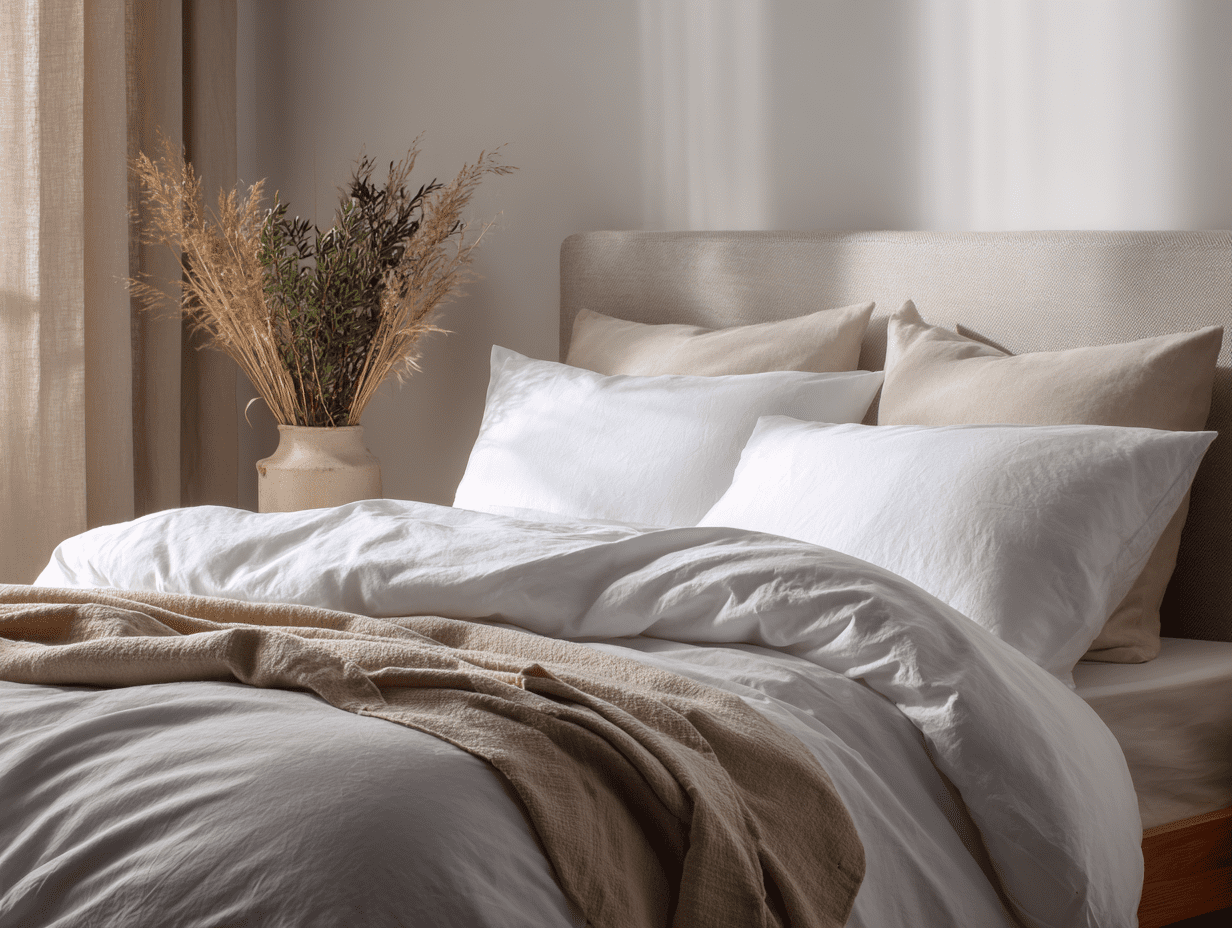 Neatly made bed with crisp white cotton bedding