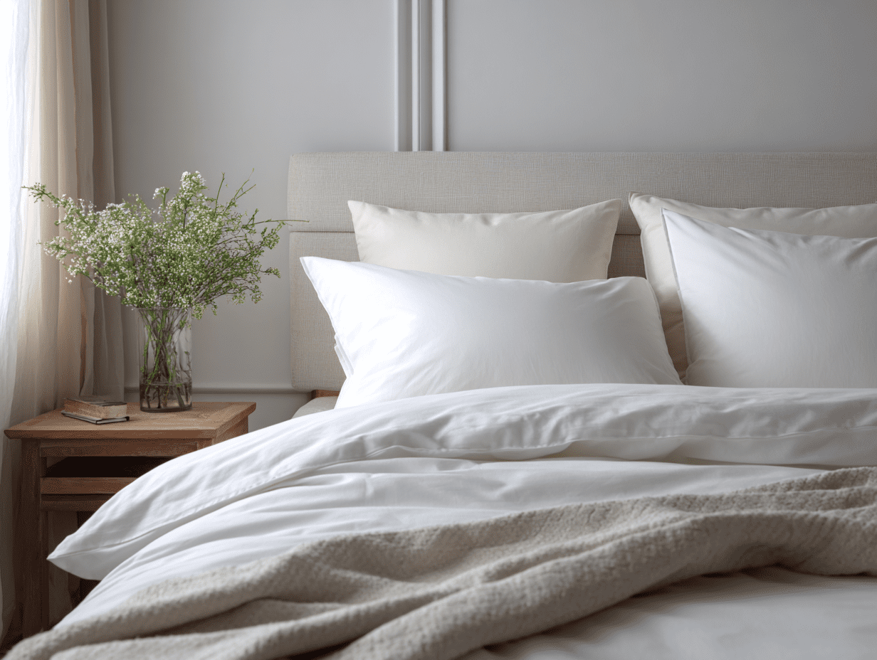 Neatly made bed with crisp white cotton bedding