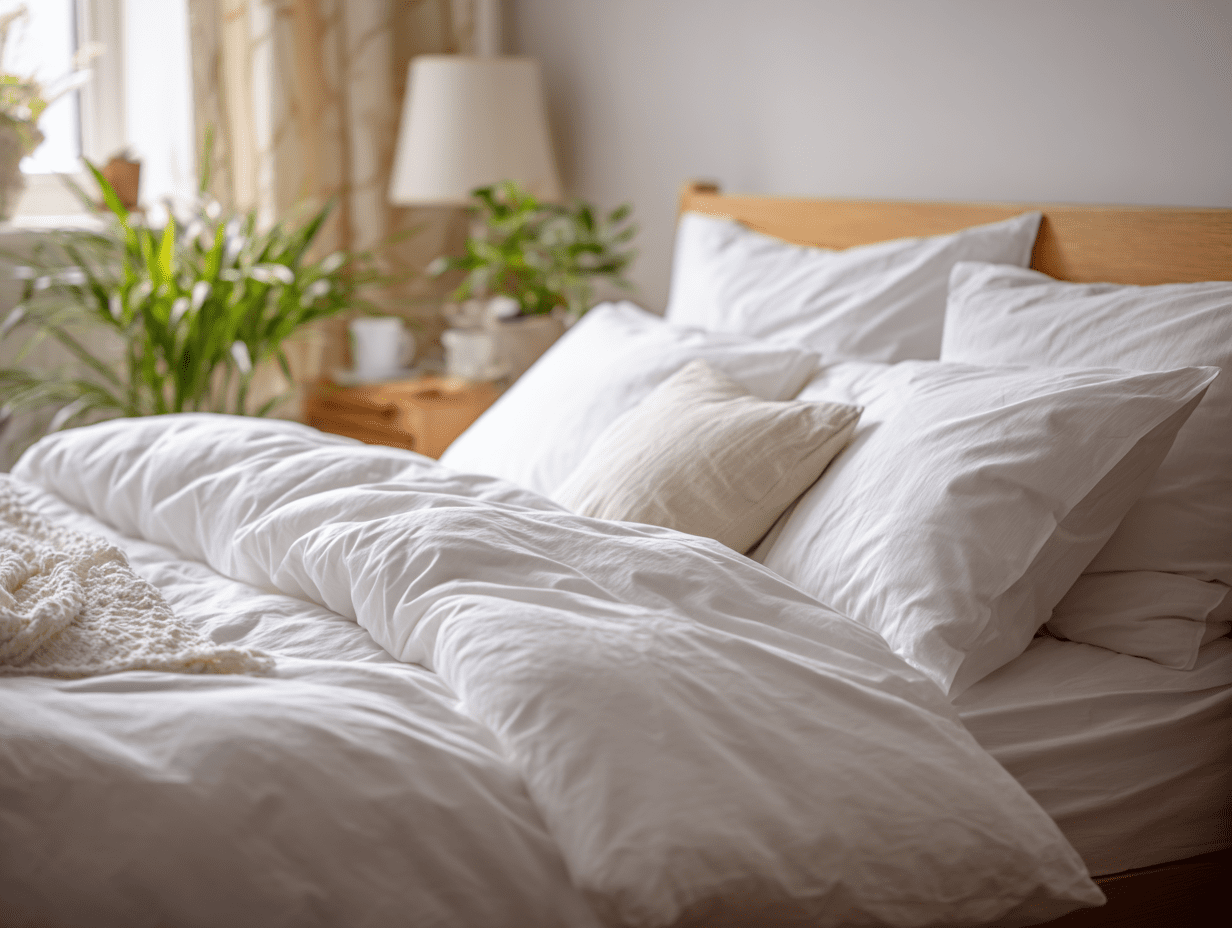 bed with crisp white cotton bedding